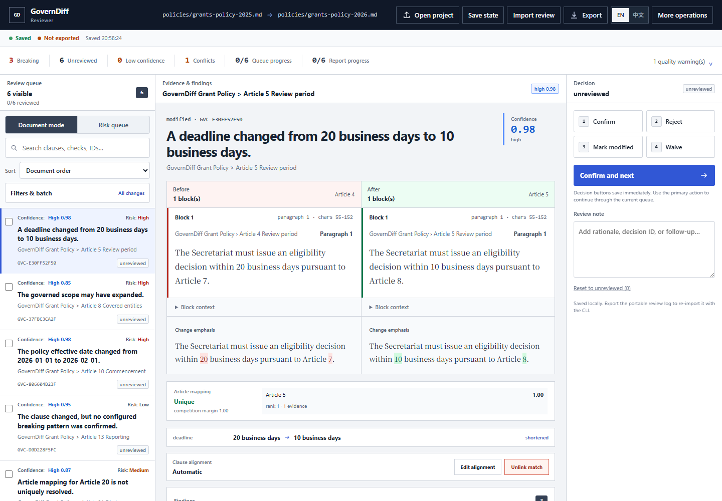 GovernDiff Reviewer showing a queue, side-by-side source evidence, findings, and review controls